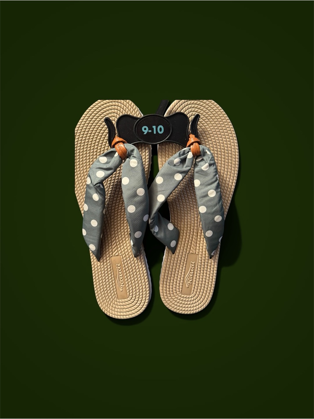 5/$20–Polka Dot Bow Flip Flops - Beige Soles, greenish grey Straps